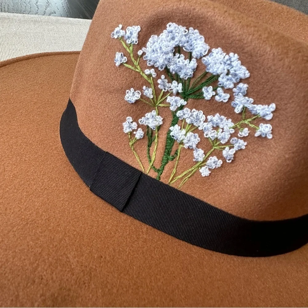 Lulus Classic Brown and Black Wide-Brimmed Felt Fedora, Floral Hand-Embroidered